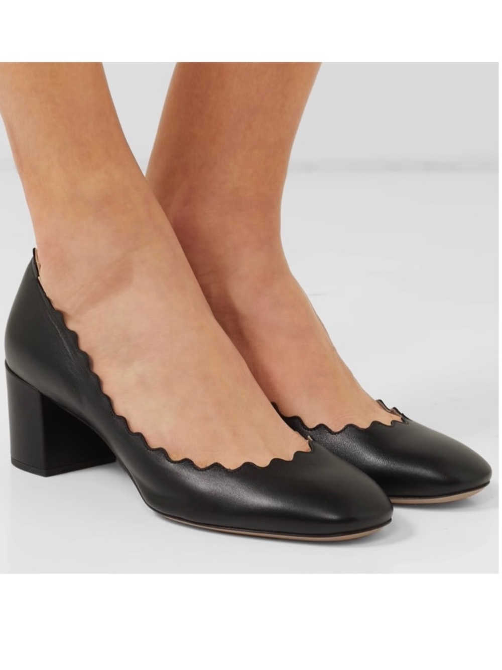 Chloé Black Scalloped Leather Mid Block Heel Pumps